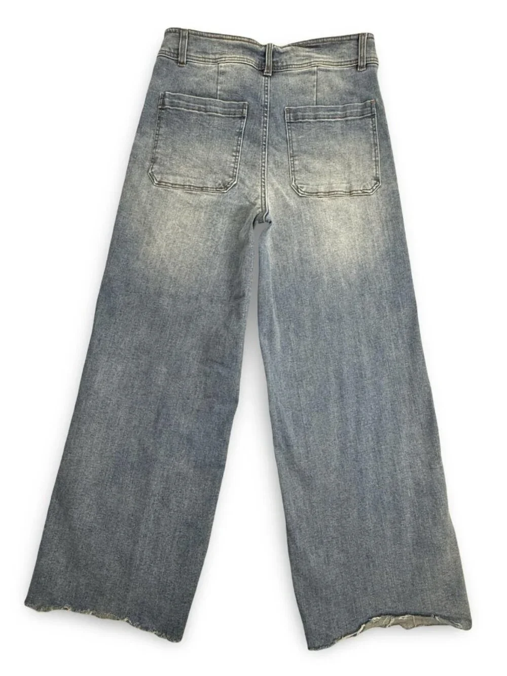 OAT New York Wide Leg High Rise Jeans Womens 10 Blue Boho Raw Hem Stretch Denim - Picture 2 of 9